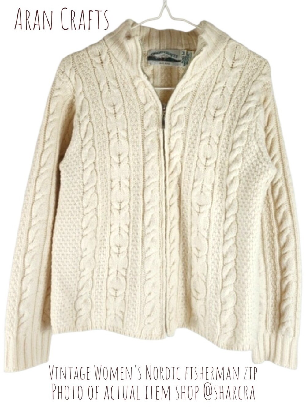 Vintage Aran Crafts Women's Nordic fisherman knit zip Carnigan Cream Sweater M